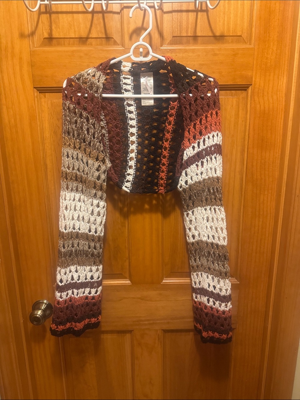 Free People Crochet Stripe Openwork Shrug - Rust, Cream, Brown, Burgundy
